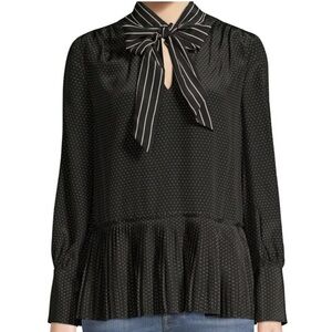 Frame Black and white Polka Dot Peplum Pleated Blouse Tie Neck Long Sleeve top